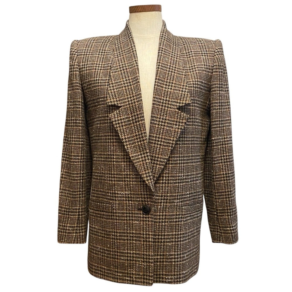 80s Vintage Sasson Brown Plaid Houndstooth Longline Blazer